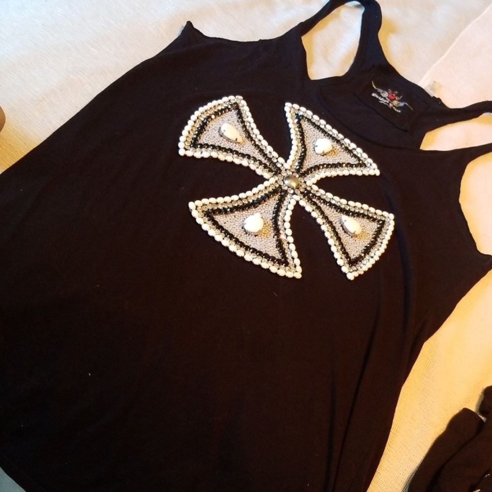Black Beaded Rhinestone Cross Pattee Tank top